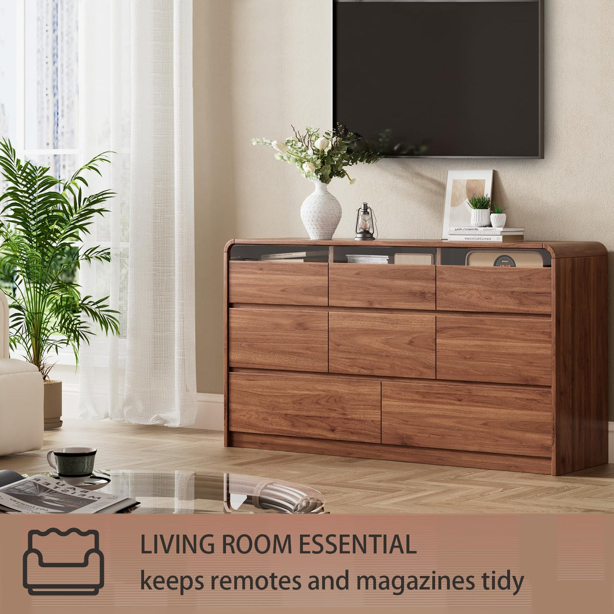 Ieejdn 47.2" Dresser with 6 Drawer, Wide Dresser with Recessed Glass Display & Silent Metal Rails, Handleless Chest of Drawers for Clothes, and Bedding, Walnut