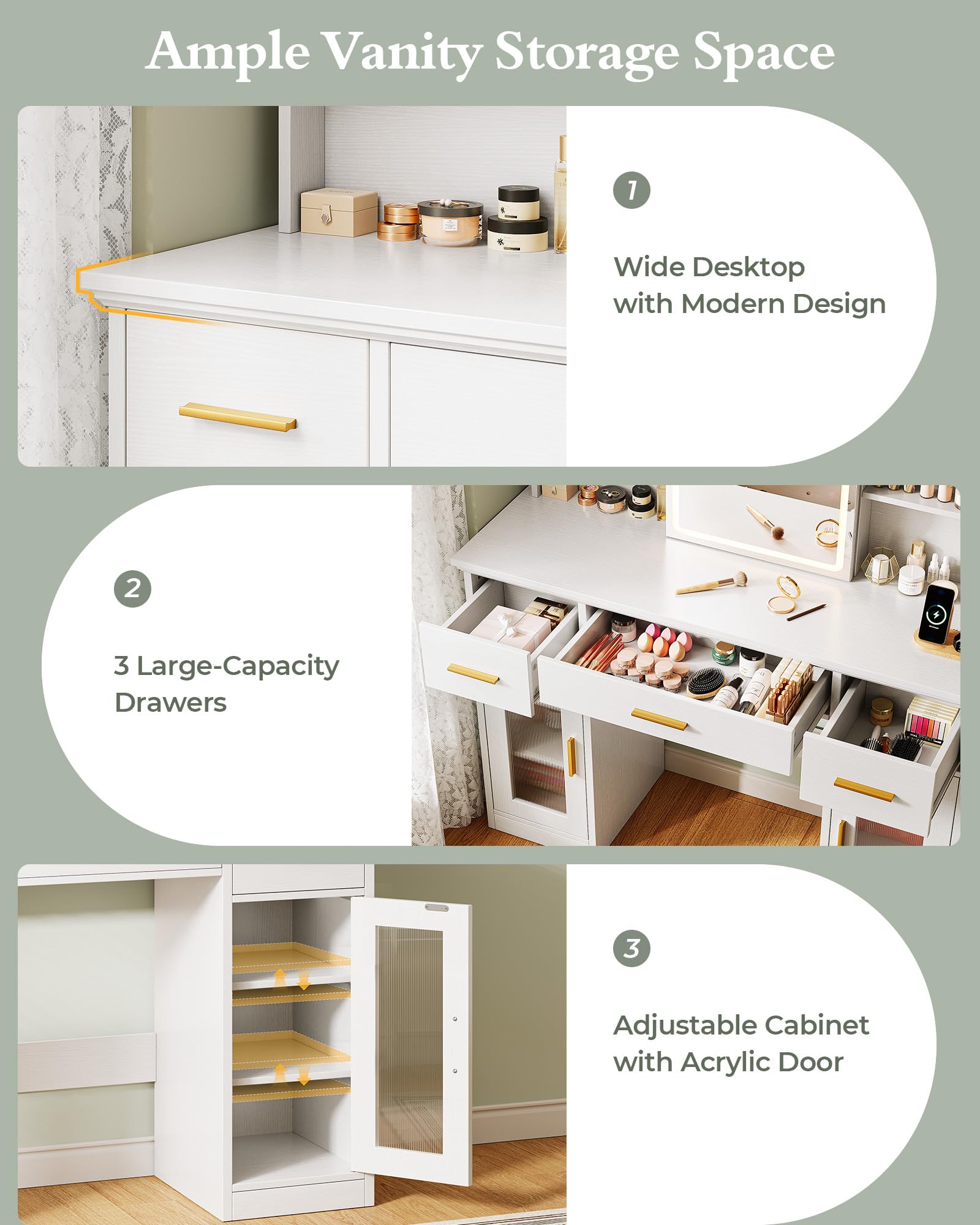 Memobarco Vanity Desk with Mirror and Lights, 43.5" Makeup Vanity with 3 Adjustable Lighting Modes, Large Vanity Desk with Sliding Mirror with 4 Drawers & 2 Cabinets, Power Outlets, White