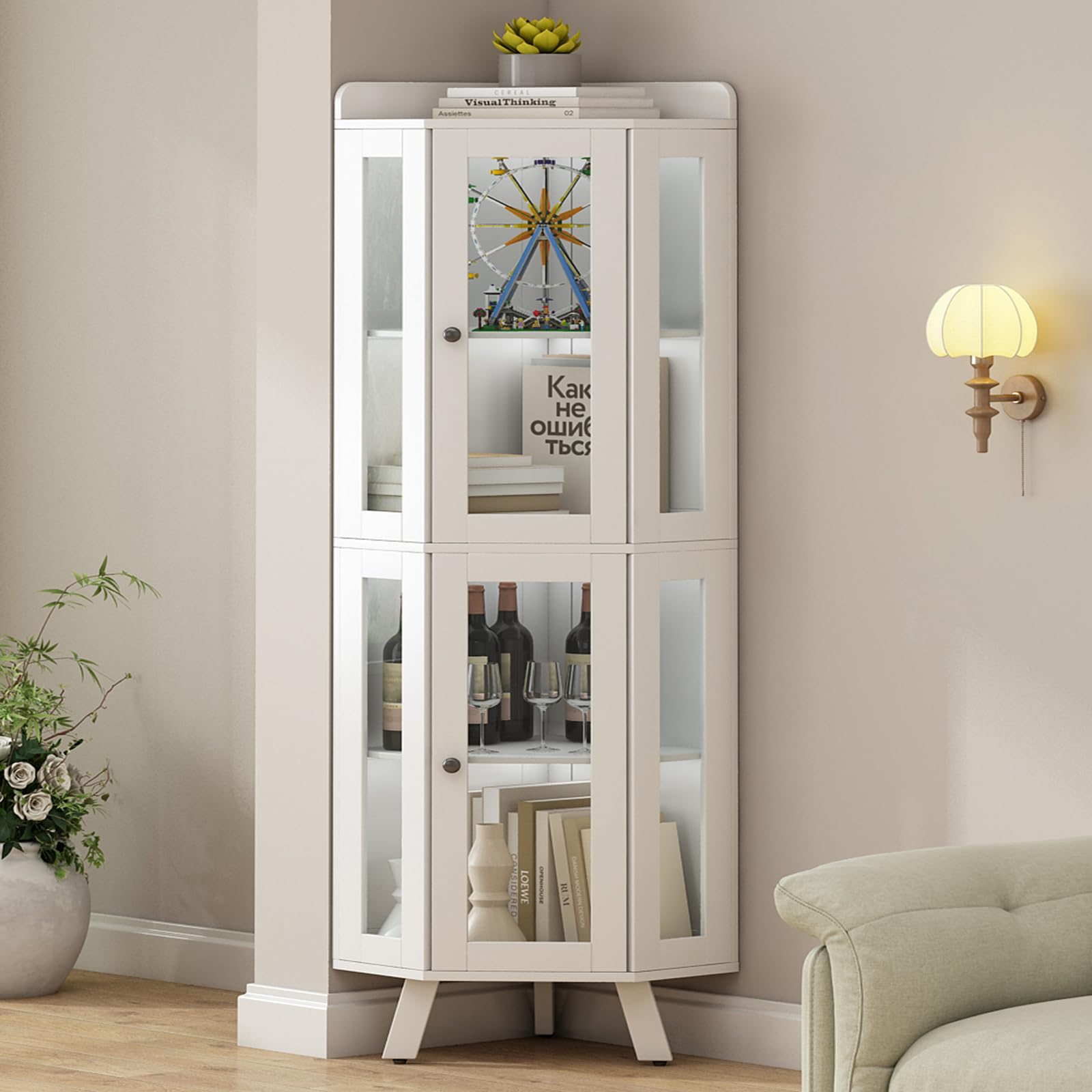 Corner Display Cabinet with Glass Doors, 4-Tier, 60"H