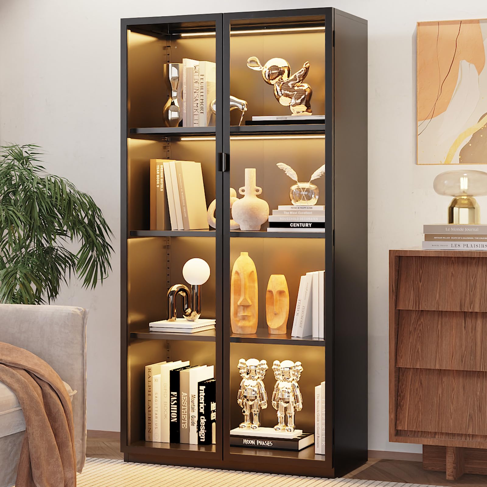 Glass Display Cabinet with LED Lights & Adjustable Shelves