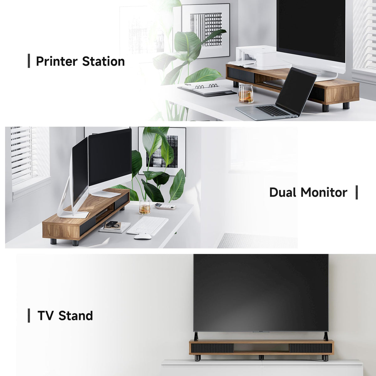 Fenge Dual Monitor Stand with Storage, Desk Shelf with Glass Sliding Door