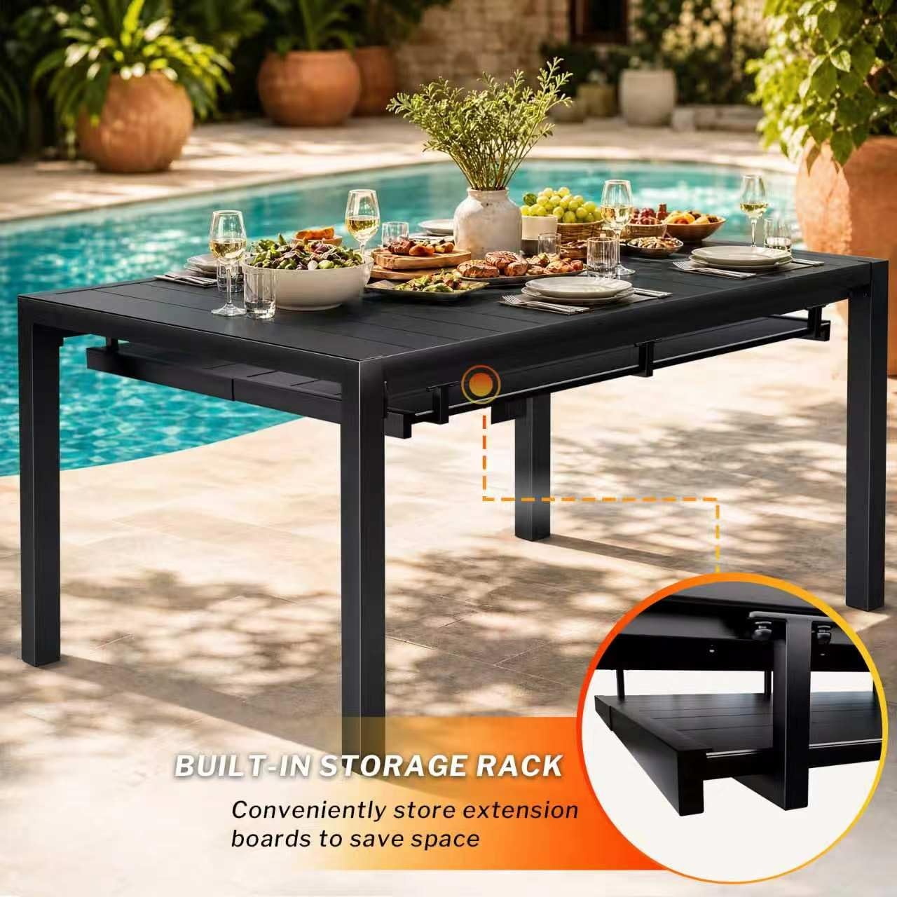 MEOOEM Expandable Patio Dining Table for 8, 78.8" Large Long Adjustable Rectangular Outdoor Table for 4-8 Person, 500LBS Sturdy Black Metal Extendable Patio Table for Outside,Garden, Lawn, Backyard