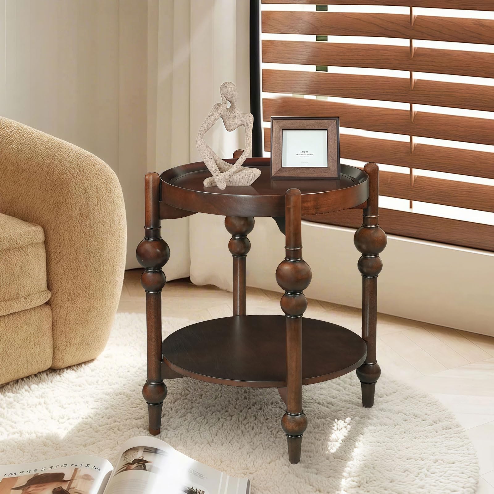 LKTART Nesting End Table for Living Room,Round Solid Wood Frame Nest Side Tables with Storage,Retro Accent Center Table for Small Space Apartment (25''D×24''H-Dark Brown)