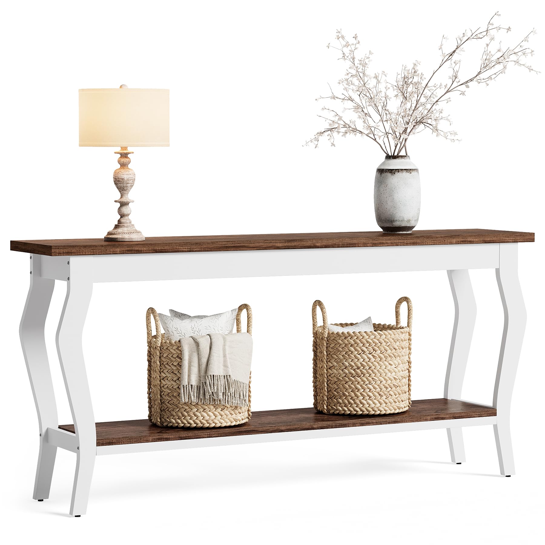LITTLE TREE 70.9 Inches Long Console Table, 2-Tier Vintage Wooden Sofa Table Behind The Couch with Metal Legs for Hallway, Entryway, Living Room, Brown & White