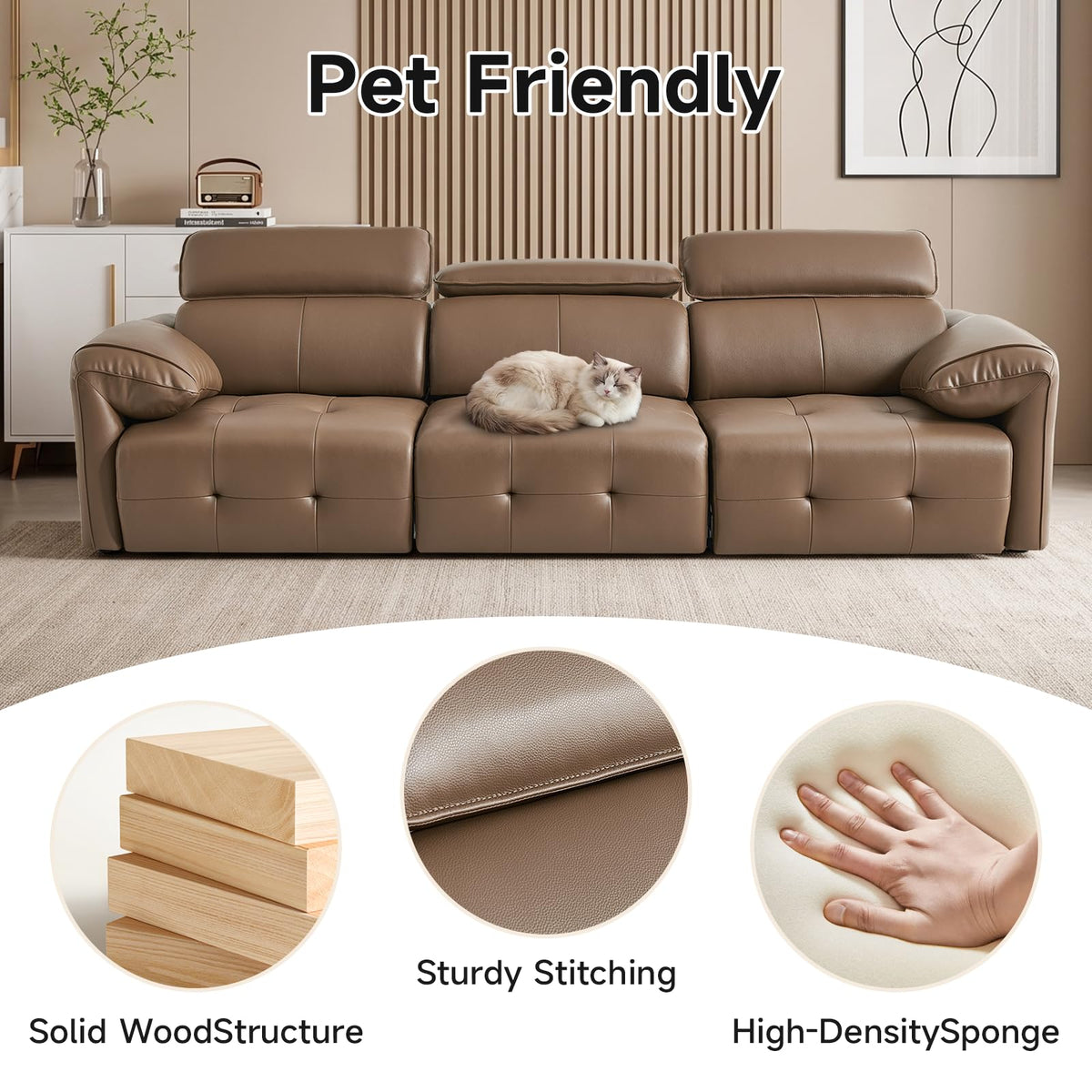 Genuine Leather Sofa with Adjustable Headrests, 122" Modern Modular Sectional Couch with Drop-Down Cup Holder Console, 3-Seater Leather Couches with Solid Wood Frame for Living Room, Office, Brown