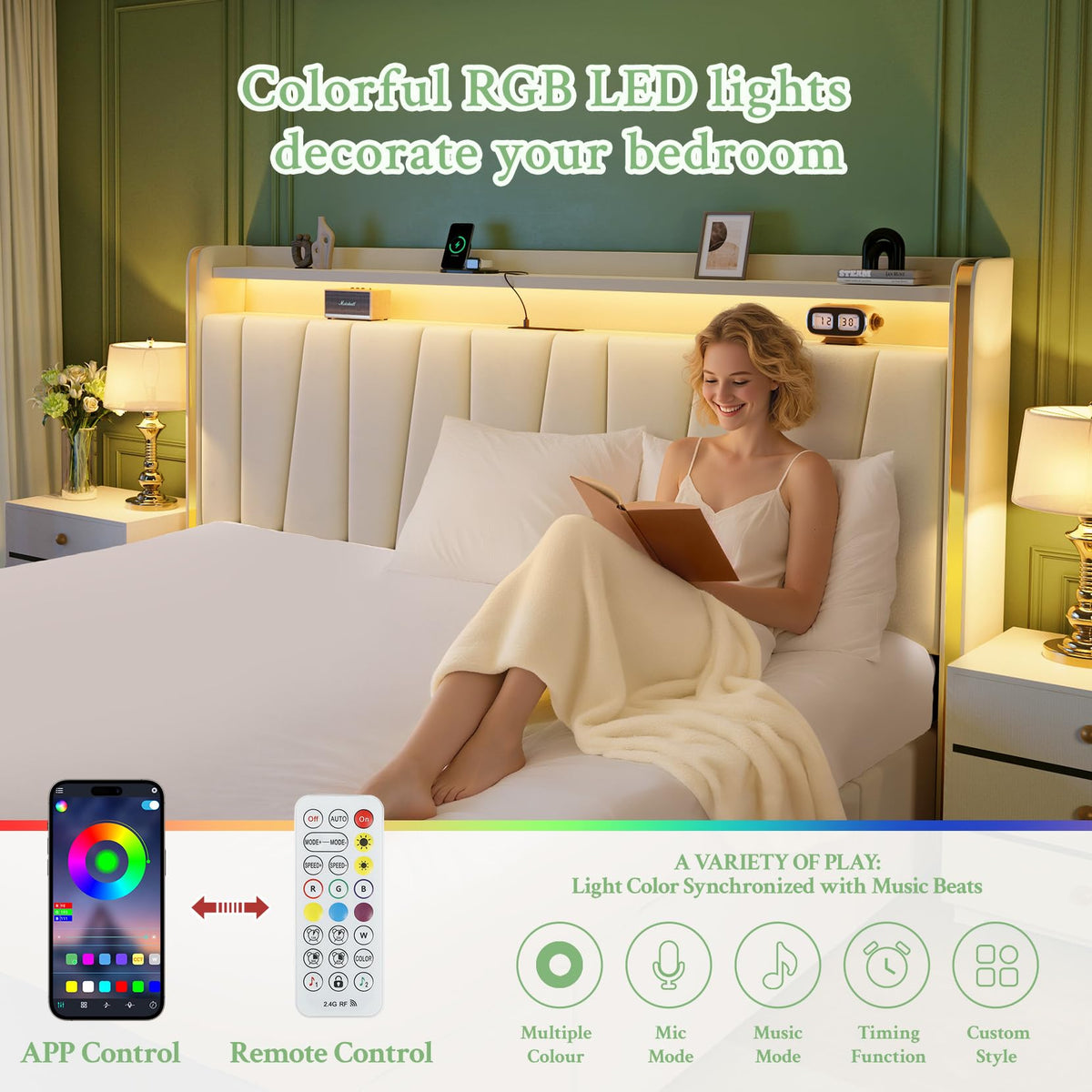 King Upholstered Storage Bed with LED Headboard