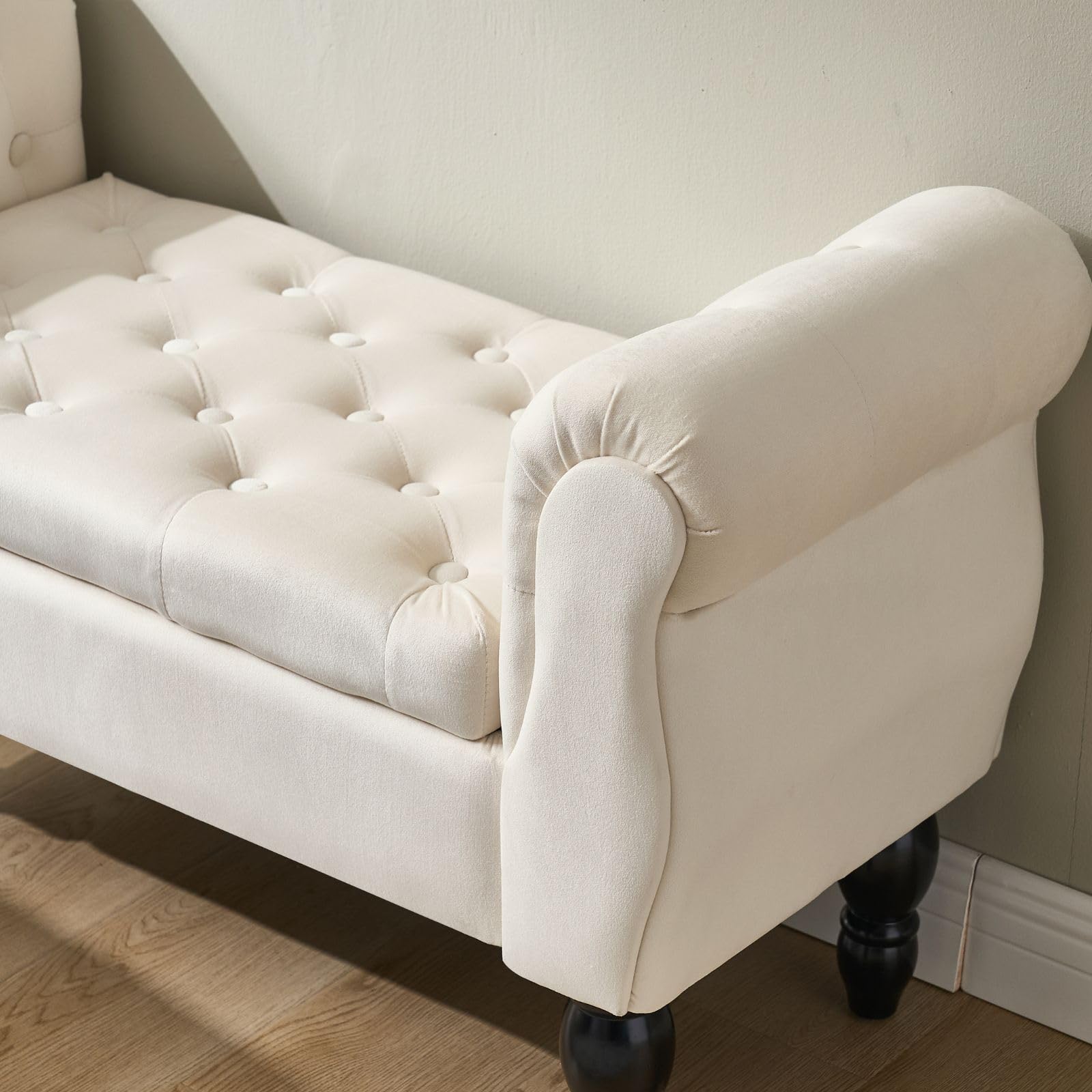 Chummaven Armed Storage Bench for End of Bed, Modern Velvet Ottoman Bedroom Bench with Wood Legs Upholstered Entryway Bench with Storage, Button Tufted Window Ottoman for Living Room, Reception, Cream