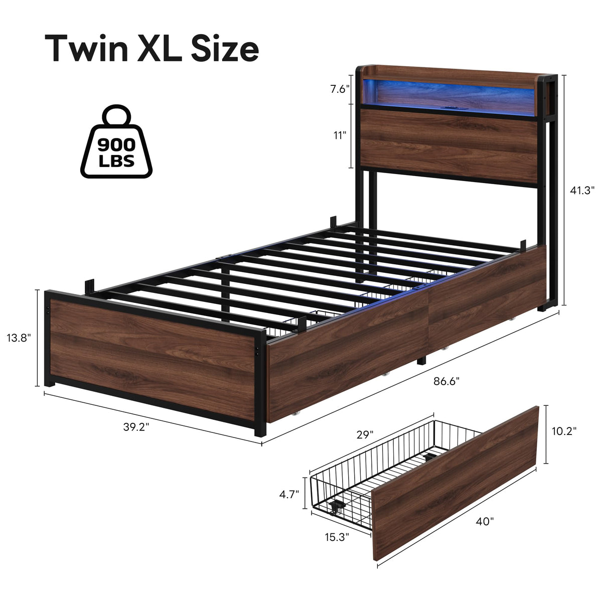 LIKIMIO Twin XL Bed Frames with 2 Large Drawers, Charging Station & RGB LED