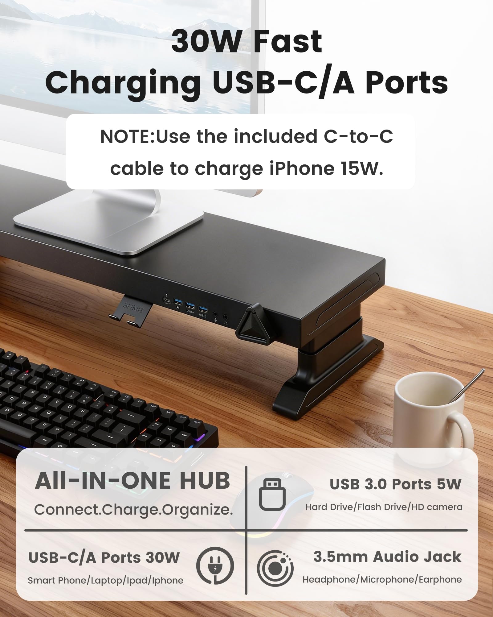 Height Adjustable Monitor Riser with 6-Port USB Hub