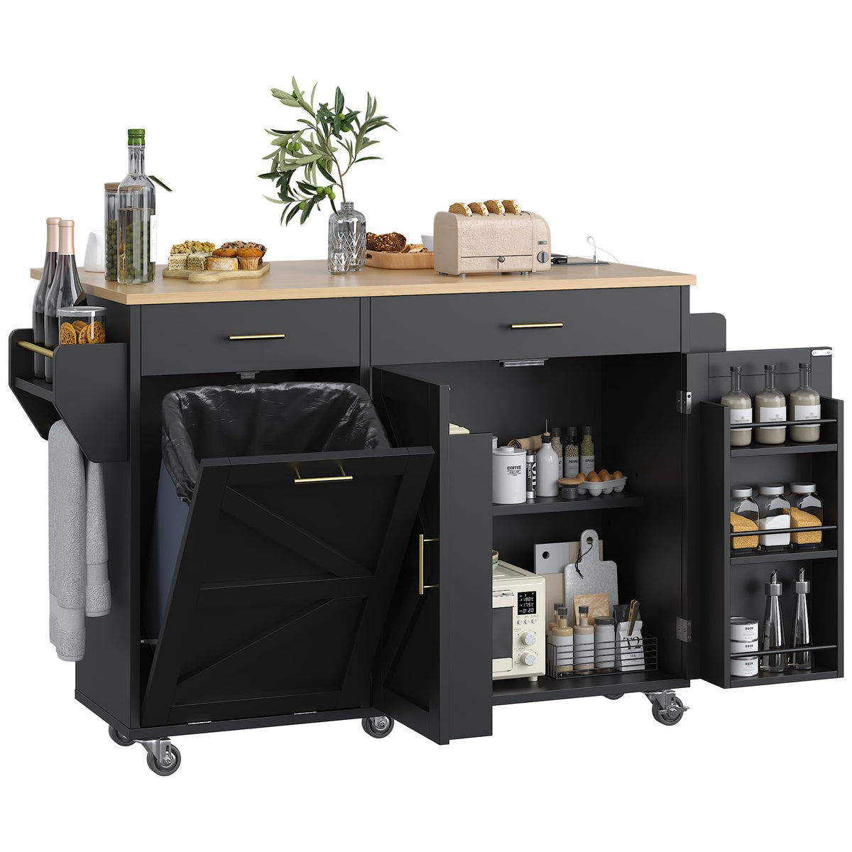 VVFLU 51.8" Kitchen Island Cart with Trash Can Storage, Kitchen Island on Wheels with Power Outlet & Drop Leaf, Rolling Kitchen Cart with Towel Rack & Spice Rack, Mobile Islands Table for Kitchen