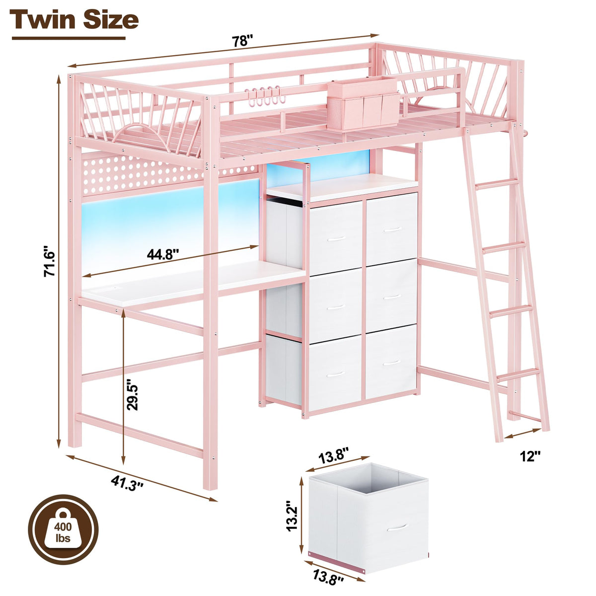Twin Loft Bed with Desk and 6 Storage Drawers, Charging station & LED, Pink