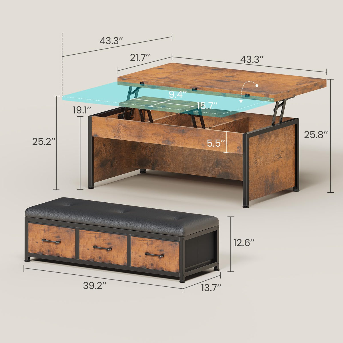 Itaar Lift Top Coffee Table Set, 43'' Multi-Function Coffee Table with Storage Drawers and Hidden Compartment, Center Table with Ottoman Bench for Living Room, Rustic Brown