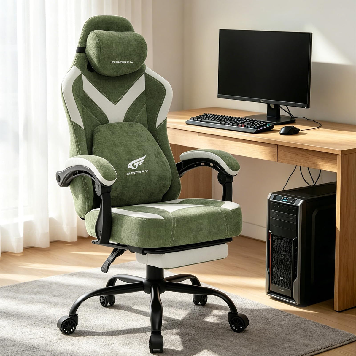 Green Chenille Gaming Chair with Footrest