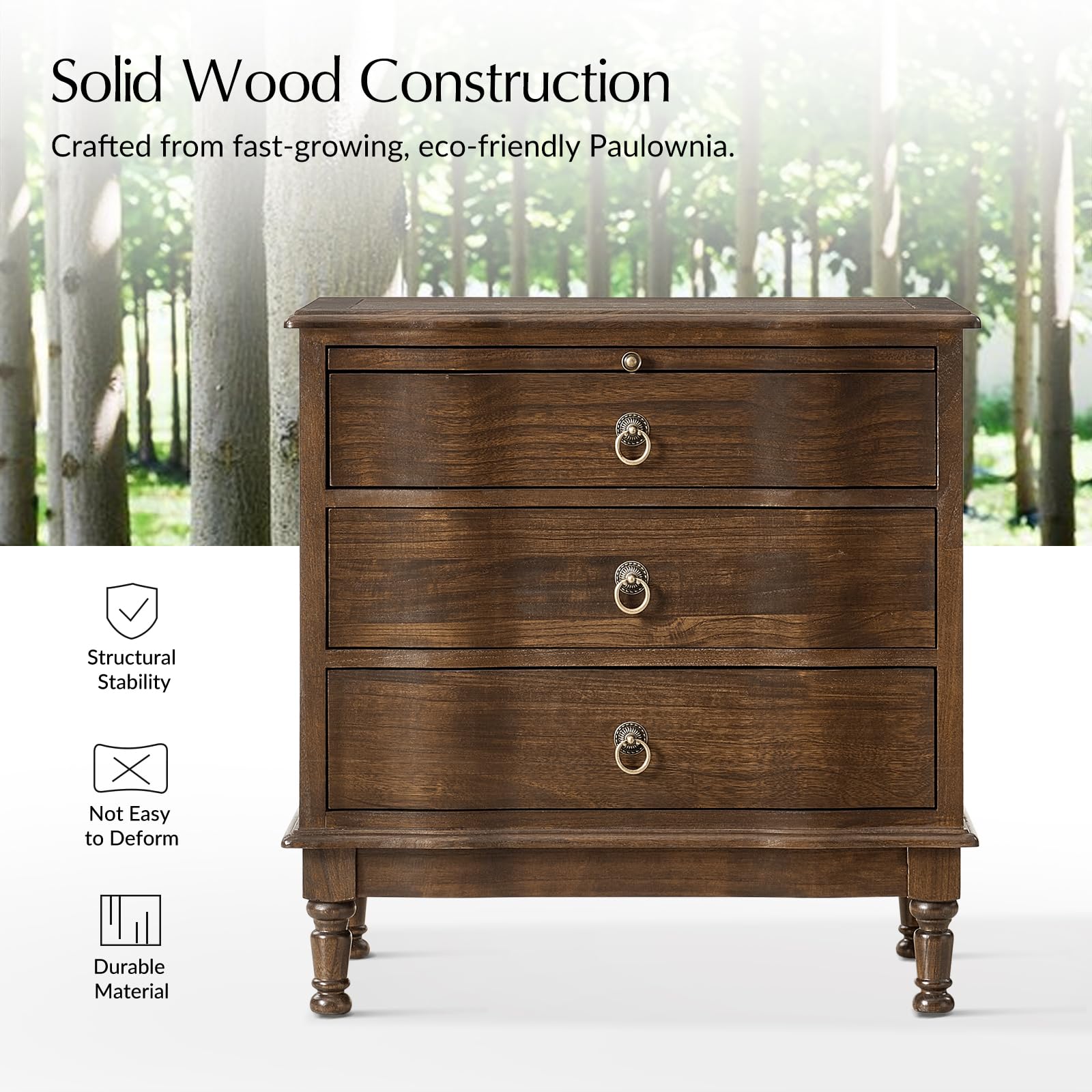 Solid Wood End Table with Charging Station & 3 Drawers