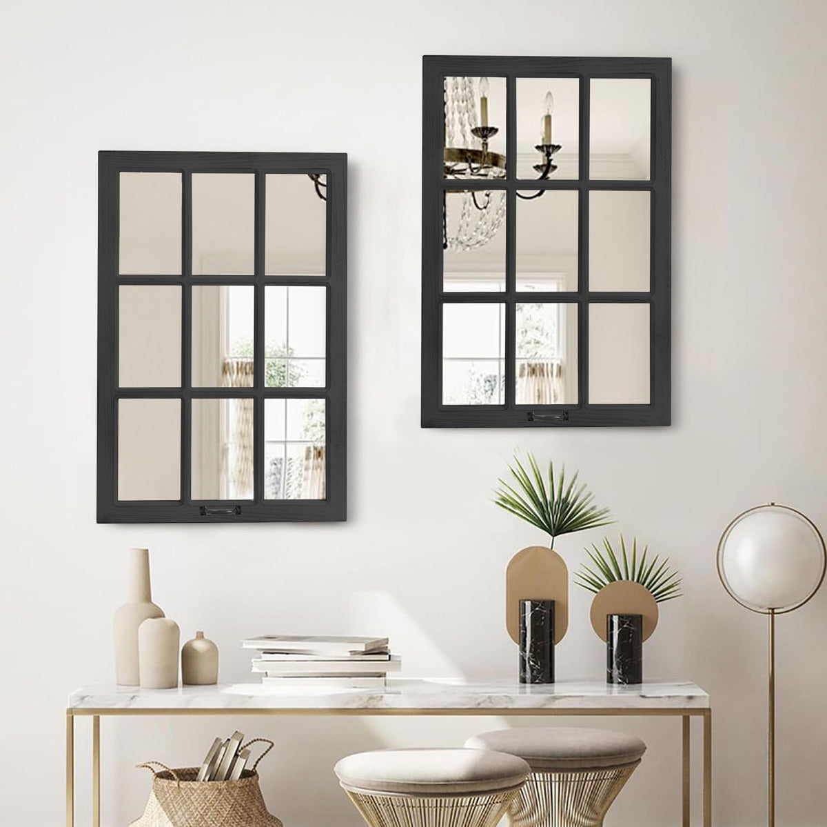 Black Wood Windowpane Wall Mirror