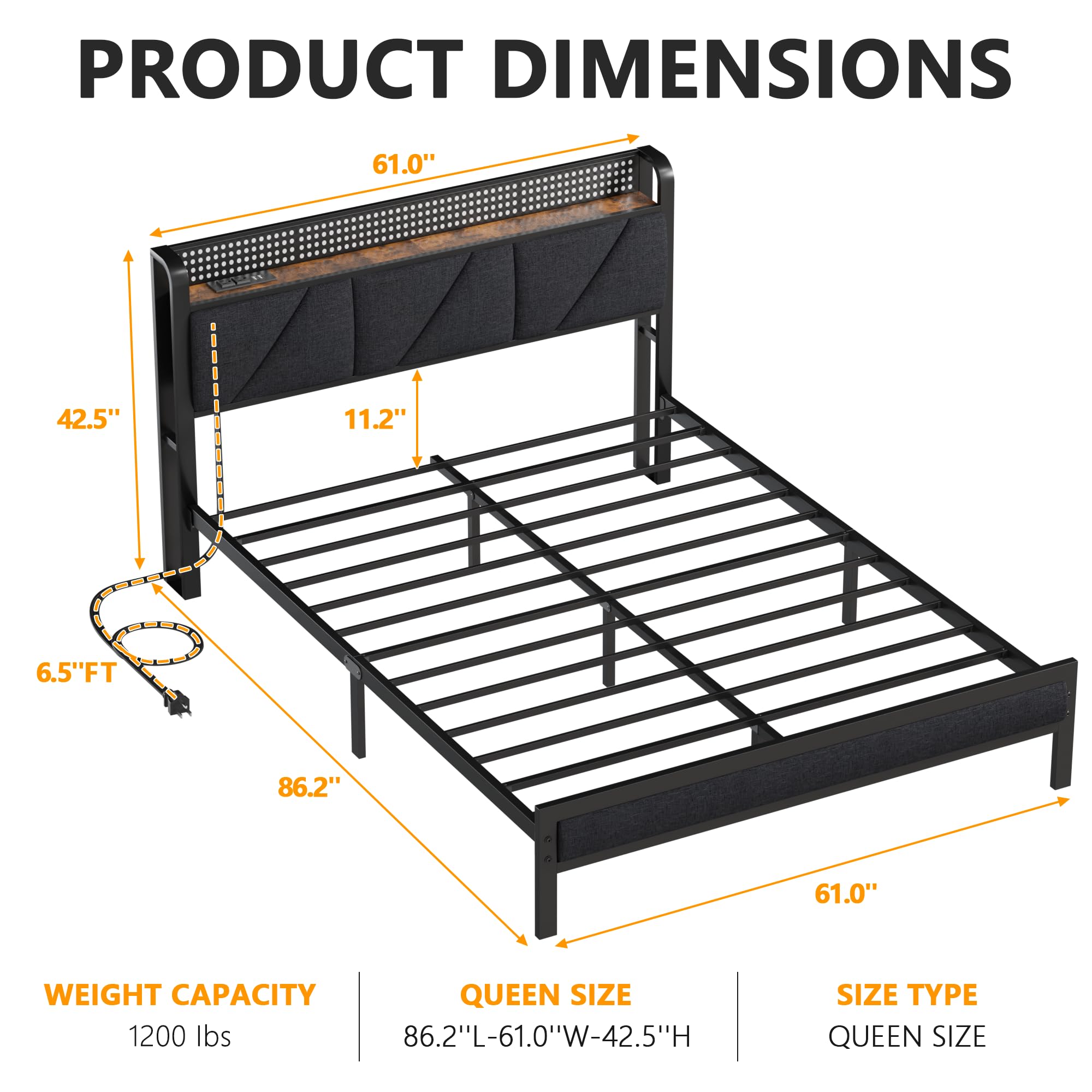 Platform Bed Frame with LED Headboard & Charging Station