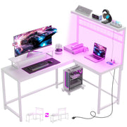 L-Shaped Gaming Desk with LED Lights & Power Outlets