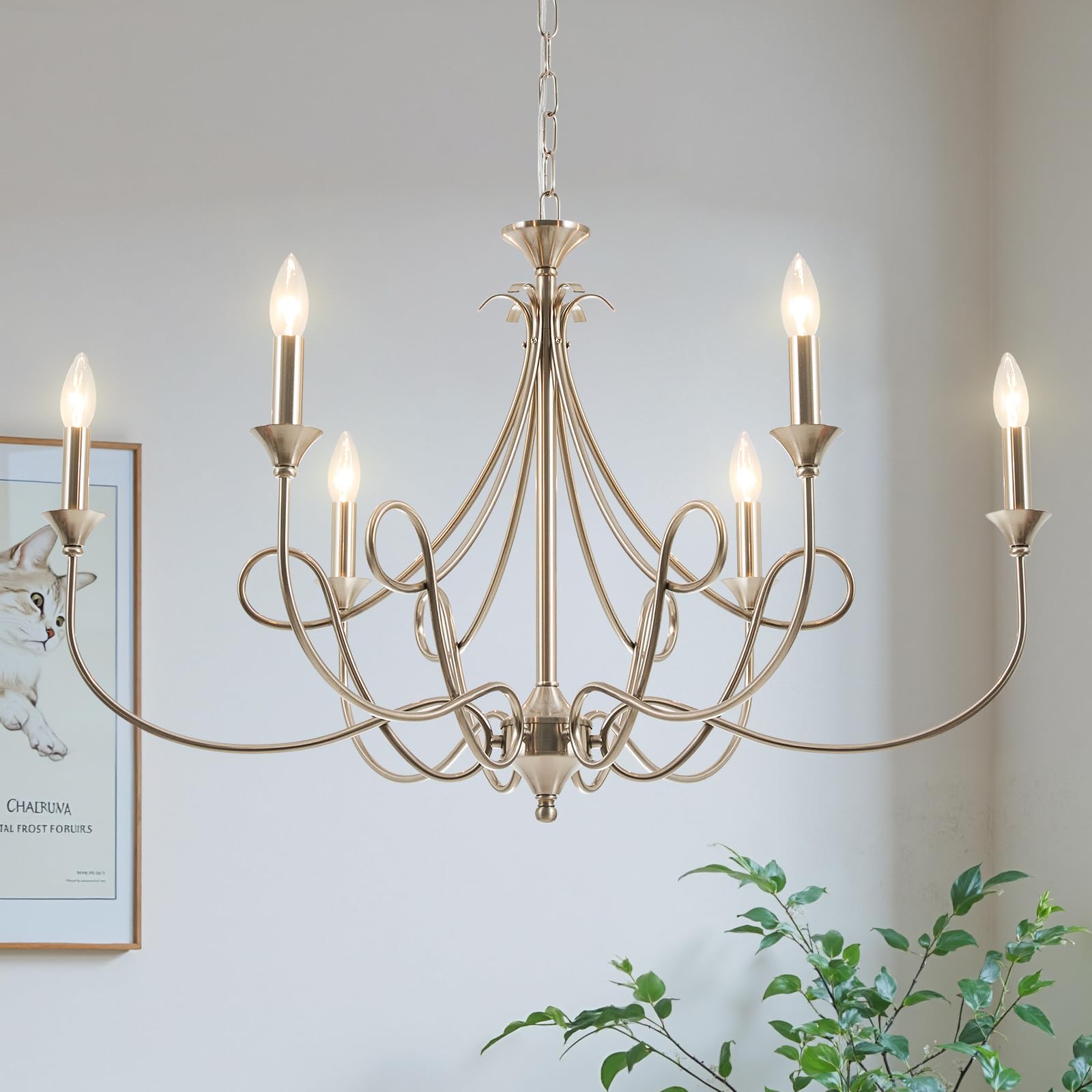 Afirstcght Modern Brushed Nickel Chandelier, 6-Lights Candle Dining Room Light Fixture 36.6in Farmhouse Chandeliers Metal Pendant Lights for Living Room Bedroom Entryway Kitchen Island