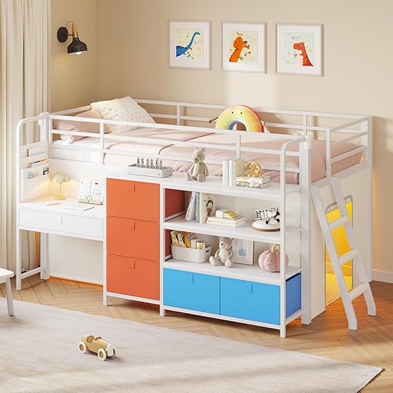 Kids Twin Low Loft Bed with Desk, Storage & LED Play Tent