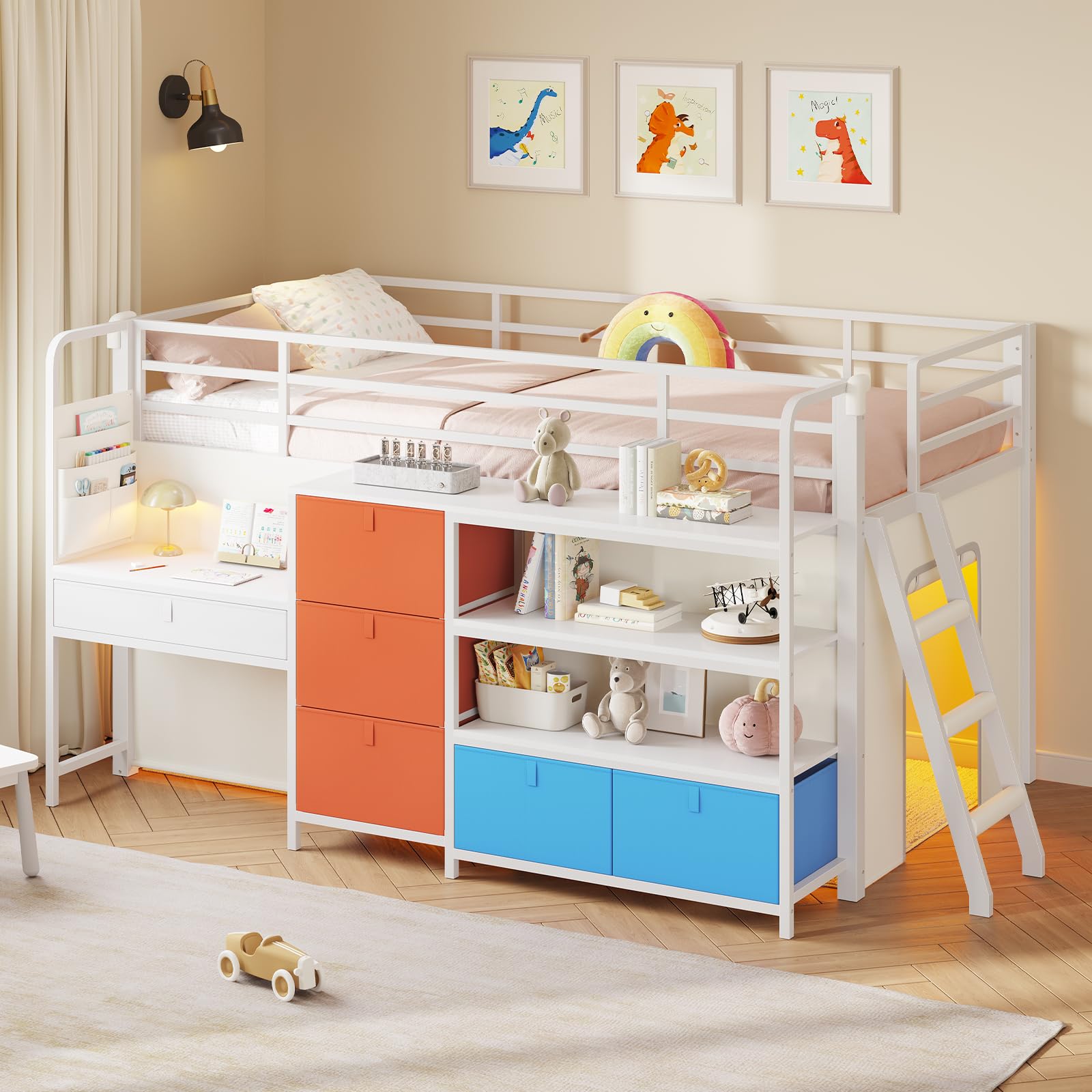 Kids Twin Low Loft Bed with Desk & Storage