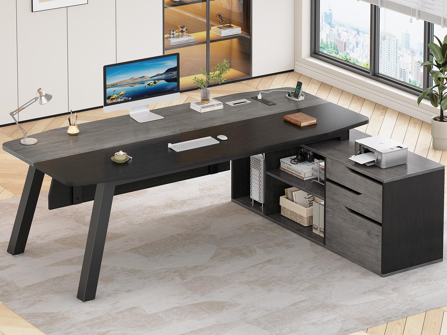 SEDETA 71" Executive Desk with File Cabinet, Large Office Desk with Drawers and Shelves, L Shaped Computer Desk with Power Outlets, Business Furniture Desk Workstation for Home Office, Gray