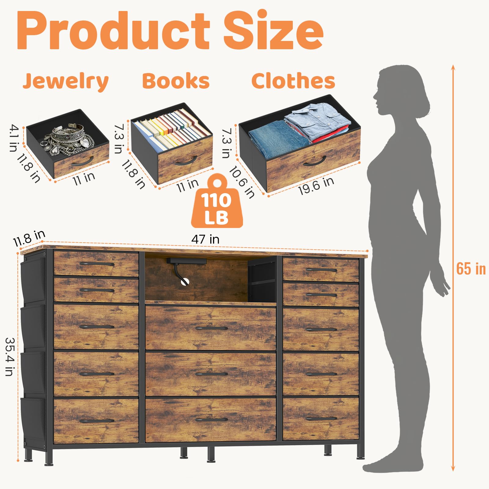 HCHQHS Dresser for Bedroom with 13 Drawers, 47 Inch Fabric Dresser with Remote Control Lights, Side Pockets & Hooks for Closet or Large TV Stand (Rural Brown)
