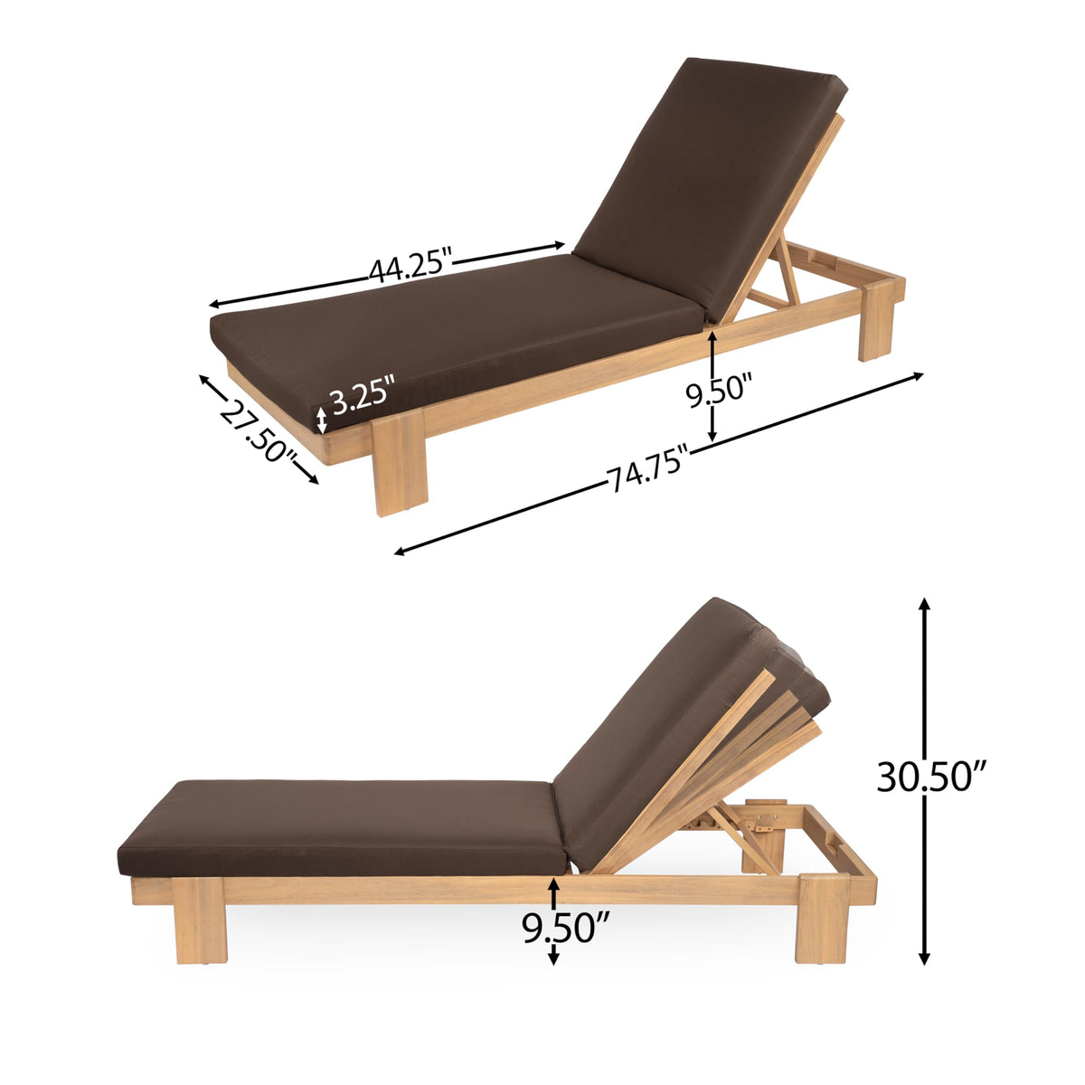 Christopher Knight Home Duska Acacia Wood Chaise Lounge Chair Set of 2, Patio Outdoor Chaise Lounge with Cushions, Adjustable Backrest Single Lounge Sofa, Garden Poolside Backyard Seating, Teak+Brown