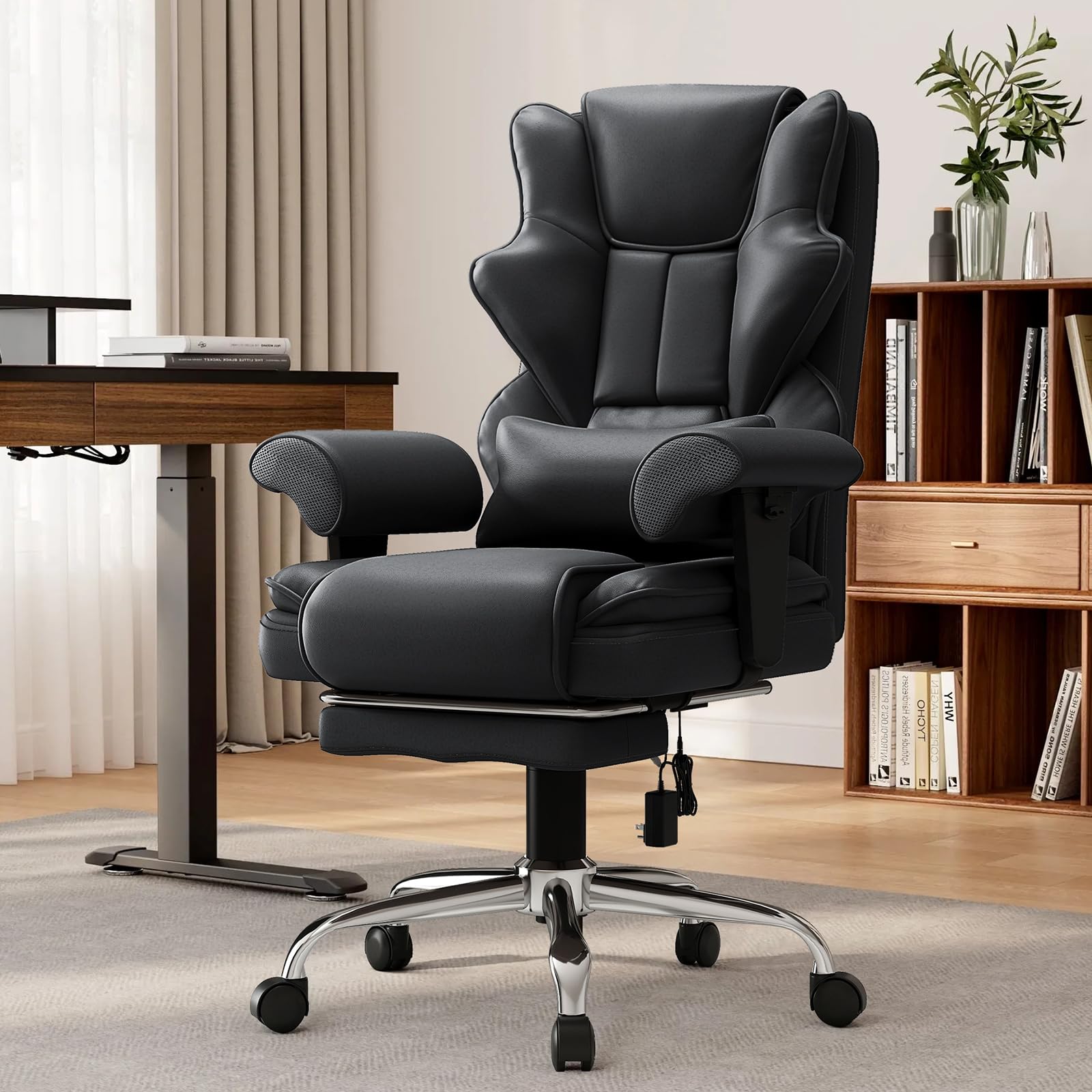 Mvpipi 7-Point Massage Office Chair,Heated Desk Manageral Chair,Ergonomic Executive Chair with Footrest,Adjustable Armrest，Computer Chair for Offices, Study Areas, Gaming Spaces,Black