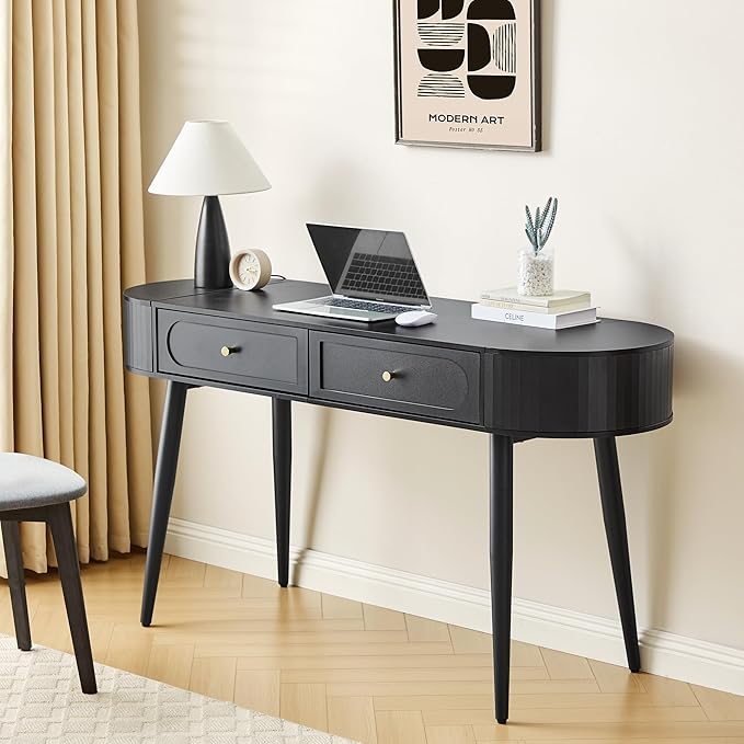 Mid-Century Oval Writing Desk with Drawers & Flip Storage