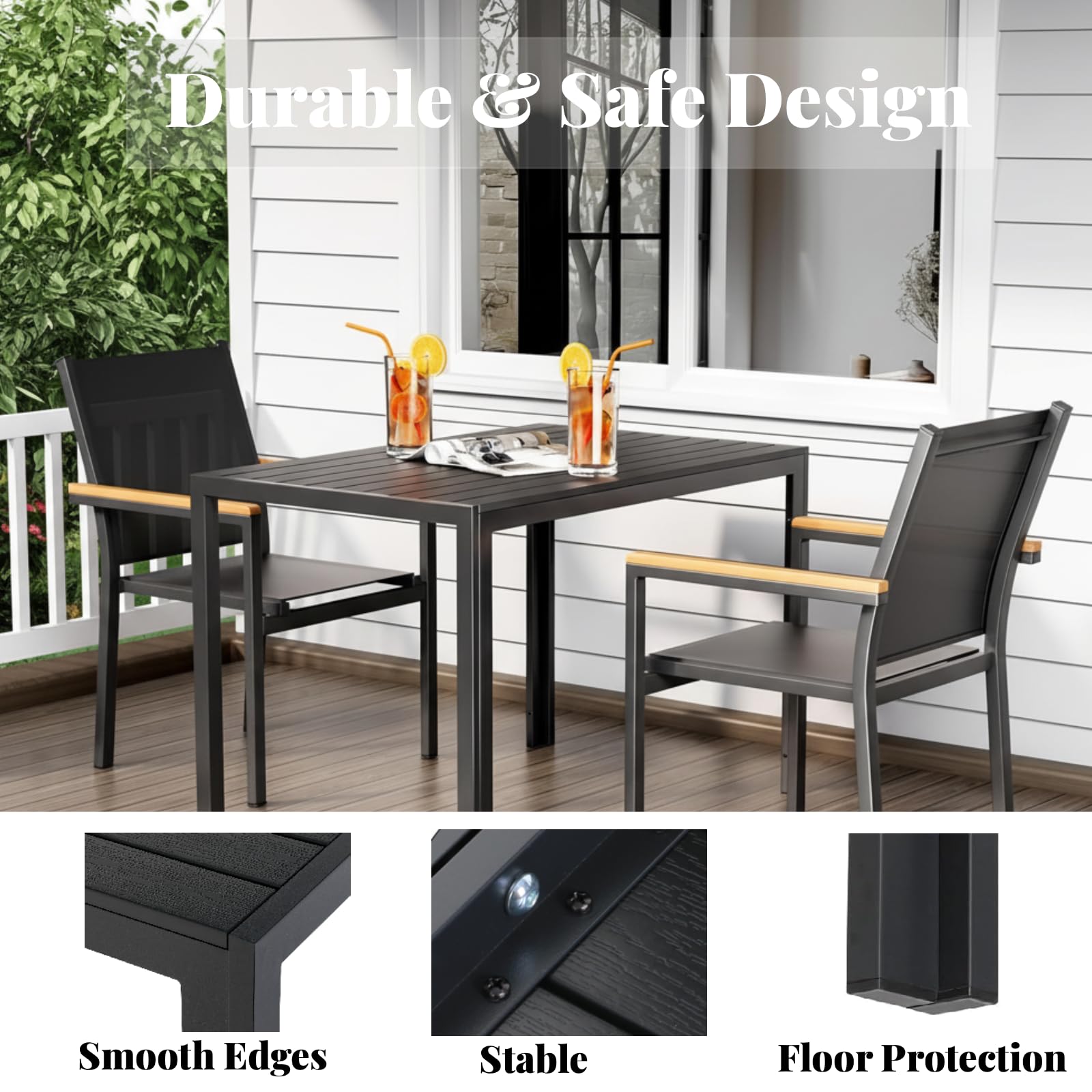 LIFERUN Outdoor Patio Table for 4-6 Person, 43×28in Rectangle Outdoor Dining Table with Wooden-Like Top and Aluminum Frame, Heat and Weather Resistant, Ideal for Garden, Patio, Poolside, Porch, Black