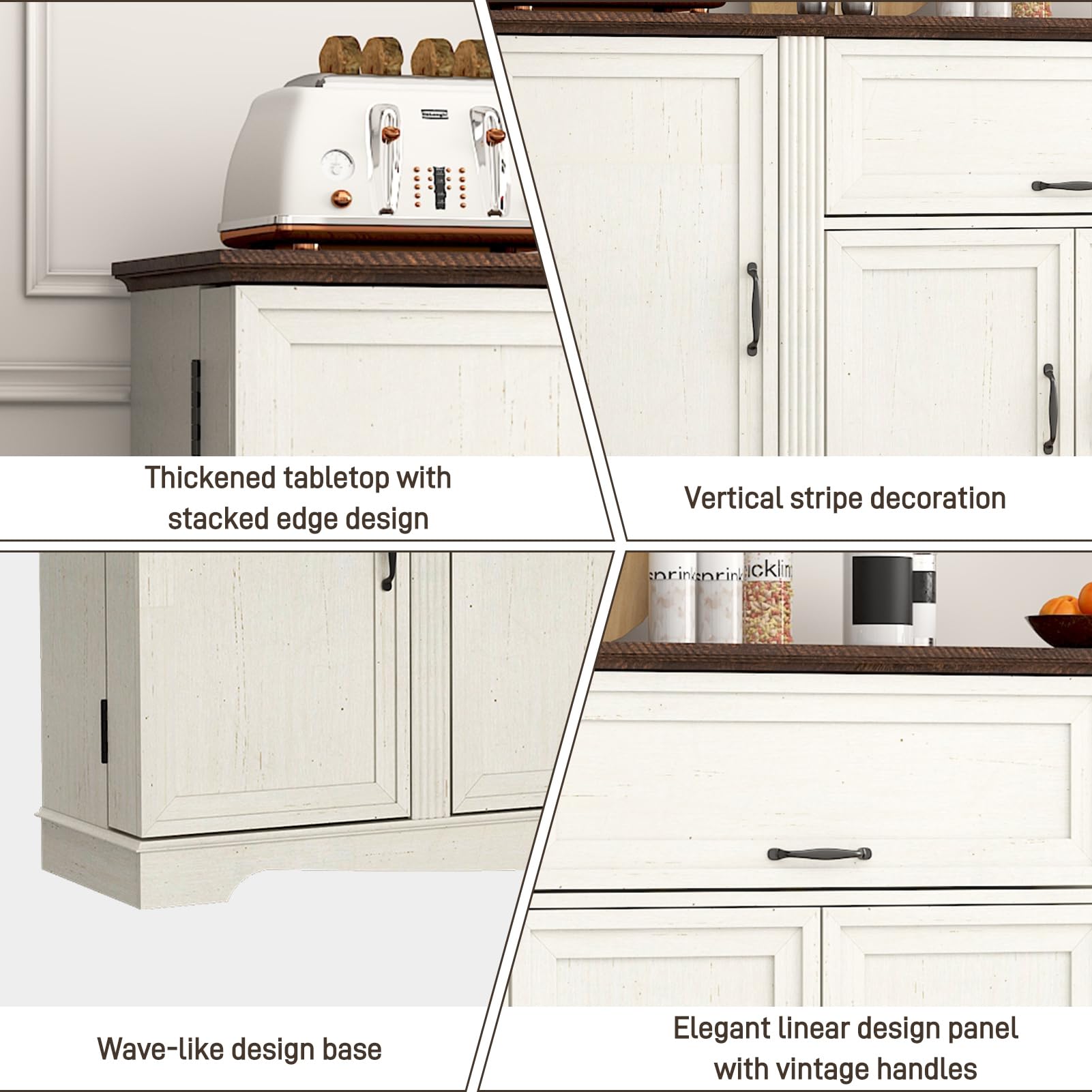 65" Sideboard Buffet Cabinet with Storage, Farmhouse Kitchen Pantries Sideboard Cabinets with Drawer, Wood Coffee Bar Cabinet with Adjustable Shelves, Storage Cabinets for Kitchen, Antique White