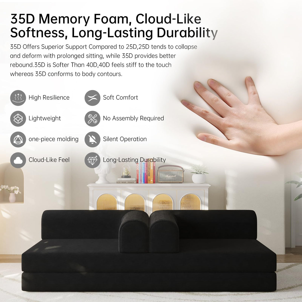 79” Convertible Sofa Bed, 35D High-Density Foam&Corduroy Fabric Sleeper Couch Bed, Fixed-Shape Frame & Removable Armrests,Modular Folding Small Loveseat Futo, Sectional Couch for Small Spaces (Black)