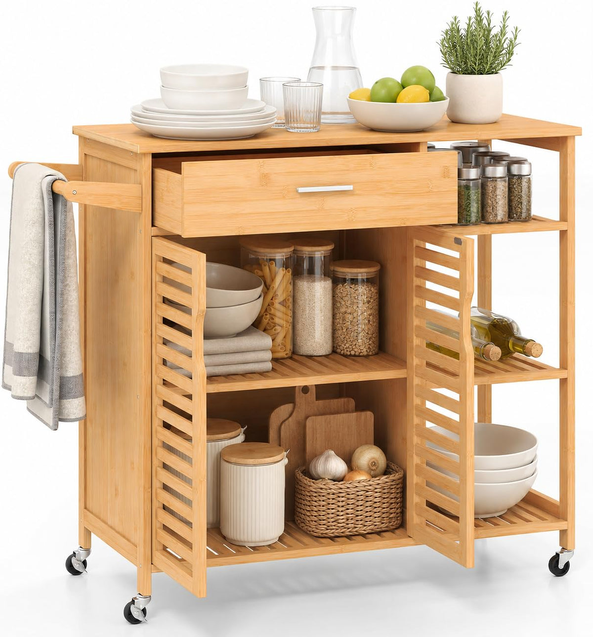 GLACER Bamboo Kitchen Island Cart with Storage, Rolling Kitchen Cart