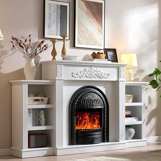 46" Tall Birdcage Electric Fireplace TV Stand with Mantel & Storage