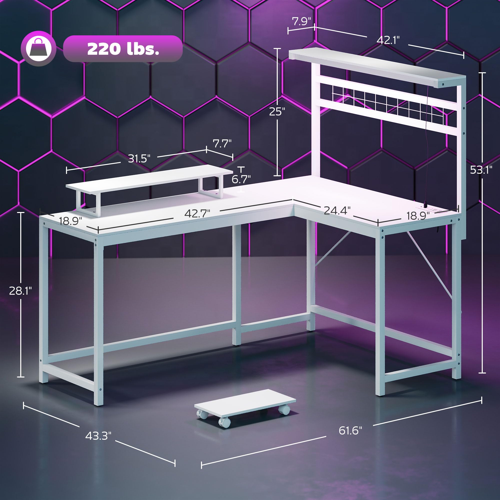 L-Shaped Gaming Desk with LED Lights & Power Outlets