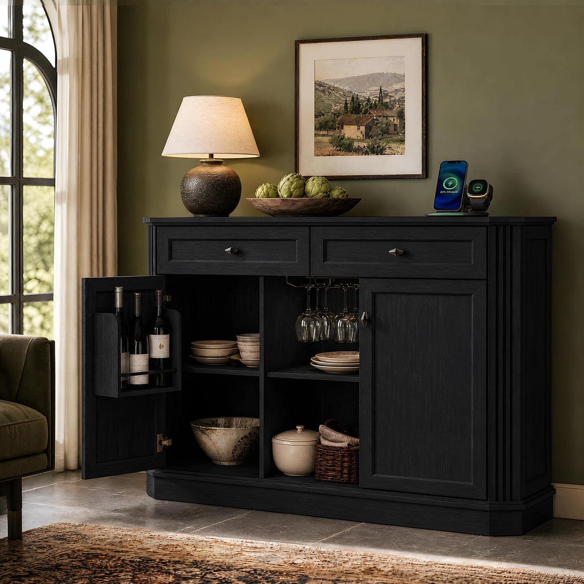 AMBERHAUS 47" Wine Bar Cabinet with LED Light & Power Outlets, 2 Door Coffee Bar Cabinet with 2 Drawers, Sideboard Buffet Cabinet with Storage, Liquor Cabinet for Home Bar, Kitchen Living Room, Black