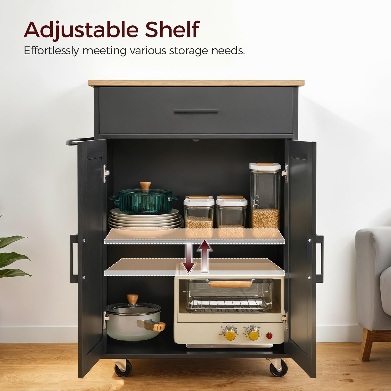 MAHANCRIS Kitchen Island on Wheels with Drop Leaf, Folding Countertop Kitchen Island Cart, Kitchen Islands Table with Towel Rack, Drawer, for Kitchen, Dining Room, Black and Natural KINB12501