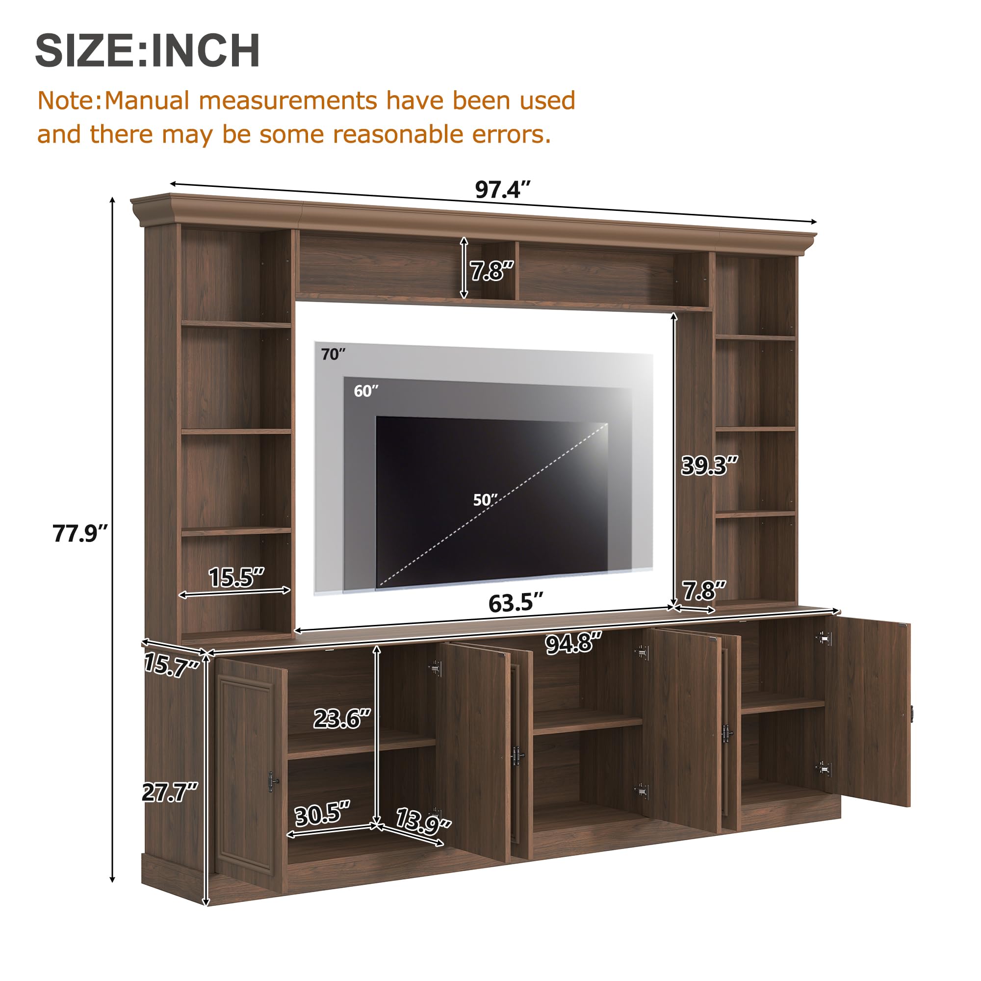 SOFTSEA 4-Piece Entertainment Center Wall Unit for TVs up to 70", Large TV Stand with 6 Doors & Adjustable Shelves, Mid-Century Modern Wall Unit with Bookshelves for Living Room, Walnut