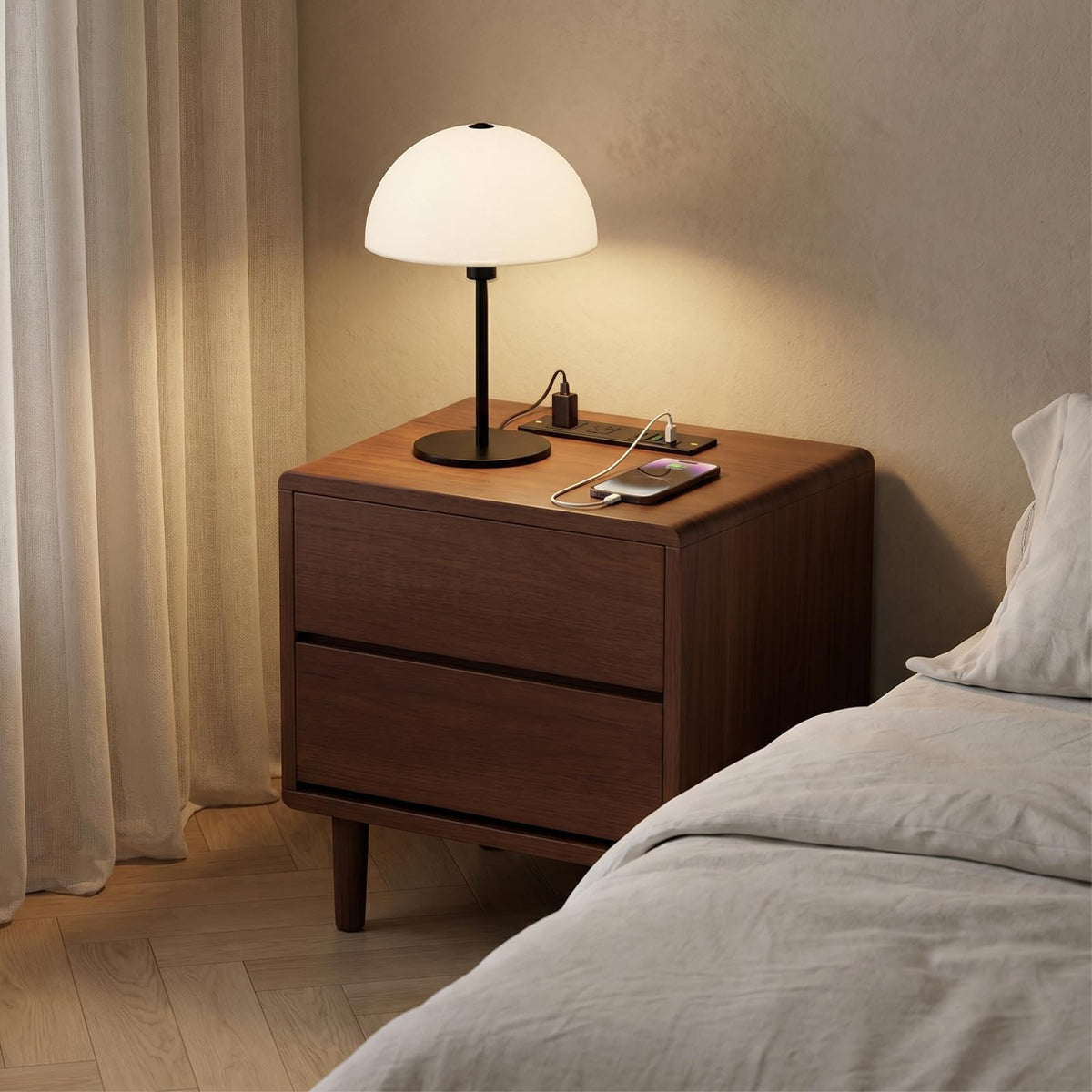 Solid Wood Nightstand with Charging Station,USB-C Port, 15.7 inch Wide End Table with 2 Drawers, Modern Wood Bedside Table for Bedroom(Walnut)
