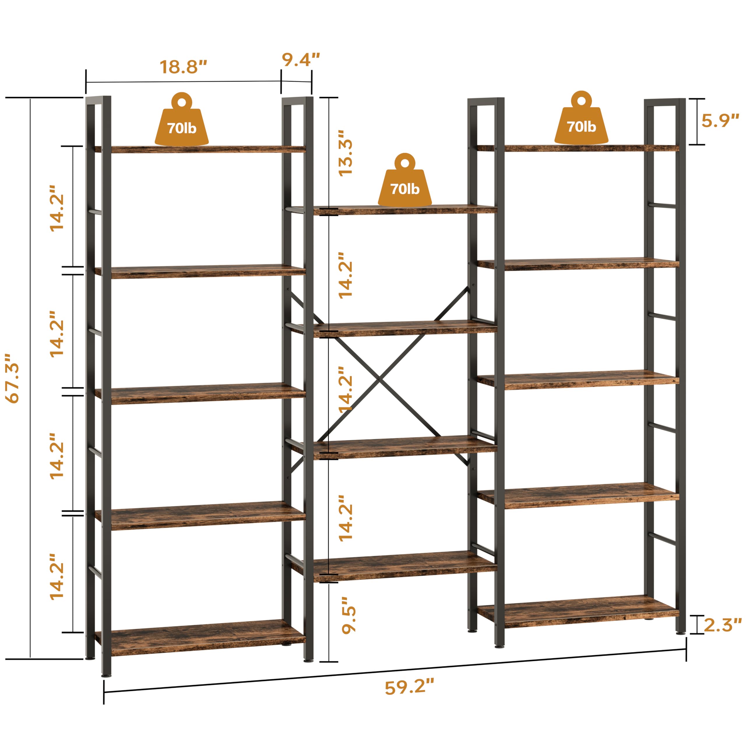 Triple Wide 5-Tier Bookshelf with 14 Shelves