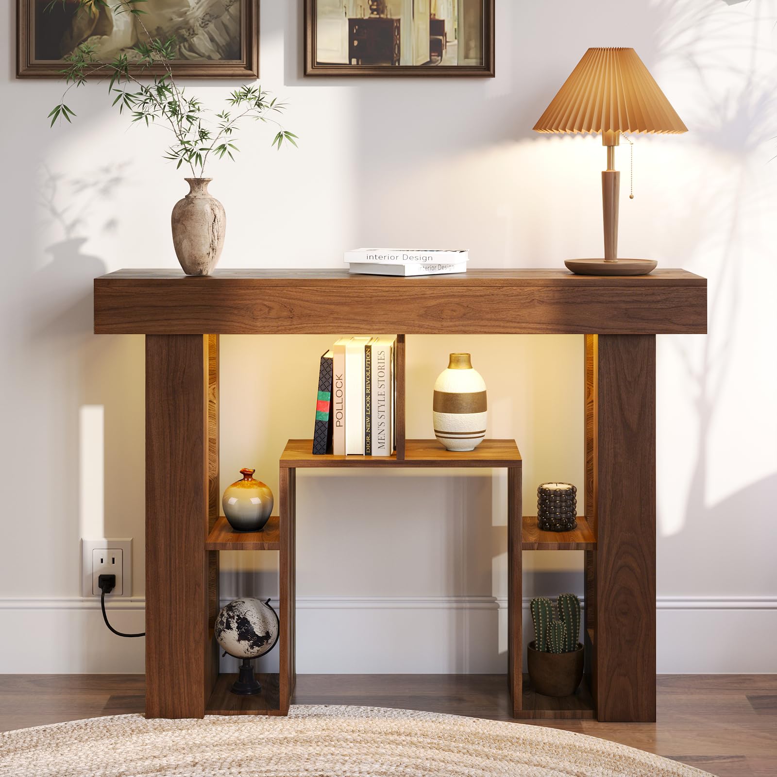 Console Table for Entryway,Narrow Console Table with Storage,Open Shelving,Sofa Table Behind Couch,Power Outlets and USB Ports,Suitable for Living Rooms,Hallways,and Entryways(Console Table-Walnut)