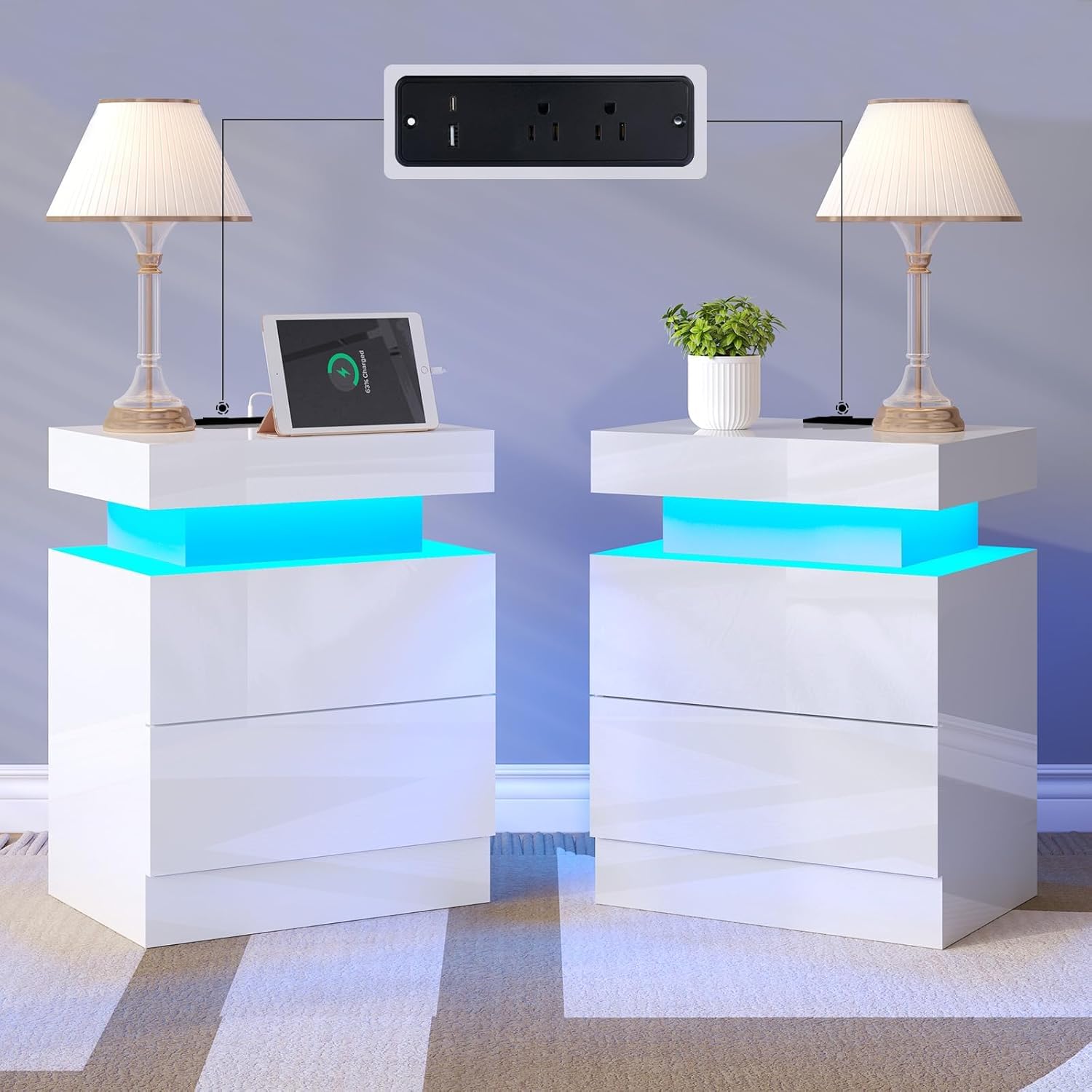 LUXOAK Nightstand Set of 2 with Charging Station and LED Light, Modern Side Table with 2 Drawers and Open Storage Shelf, End Table for Bedroom, White