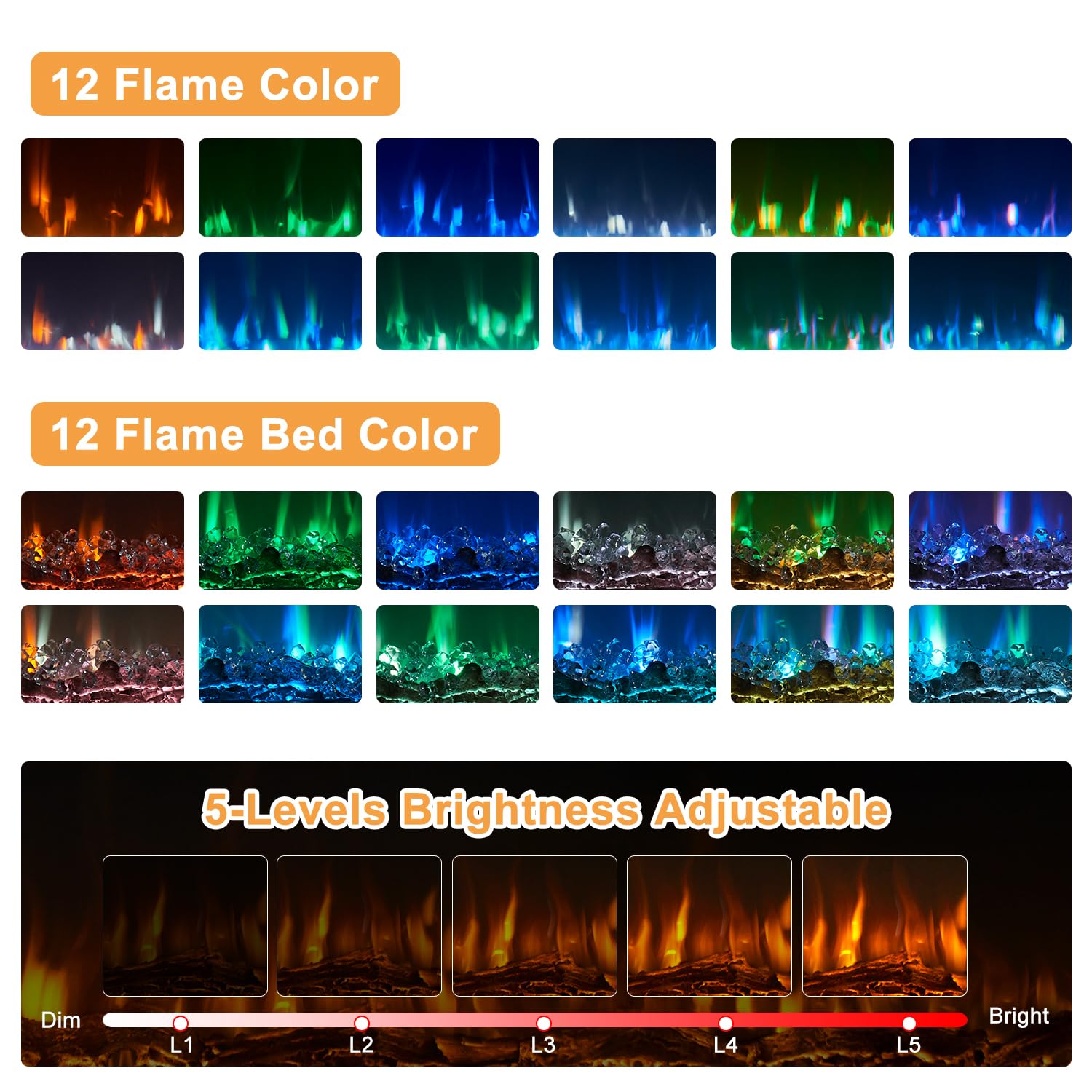OneBlis Electric Fireplace, 60 inch Wide Recessed/Wall Mounted Electric Fireplace, Remote Control with Timer 12 Adjustable Color Flame, Remote Control, Log Set & Crystal