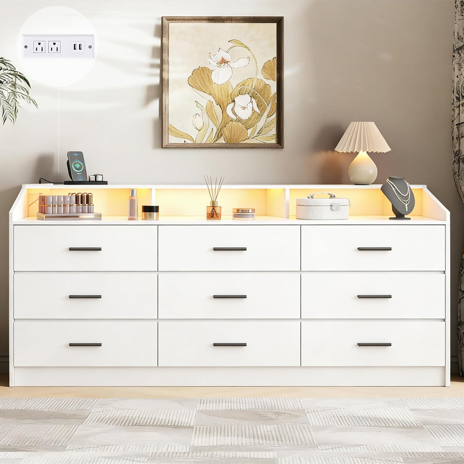 9 Drawer Dressers for Bedroom with Charging Station, Wooden Dresser Wide Dresser with Led Light, 63'' Long Dresser for Closet with Open Cubby, Modern White Bedroom Dresser Triple Wide Chest of Drawers
