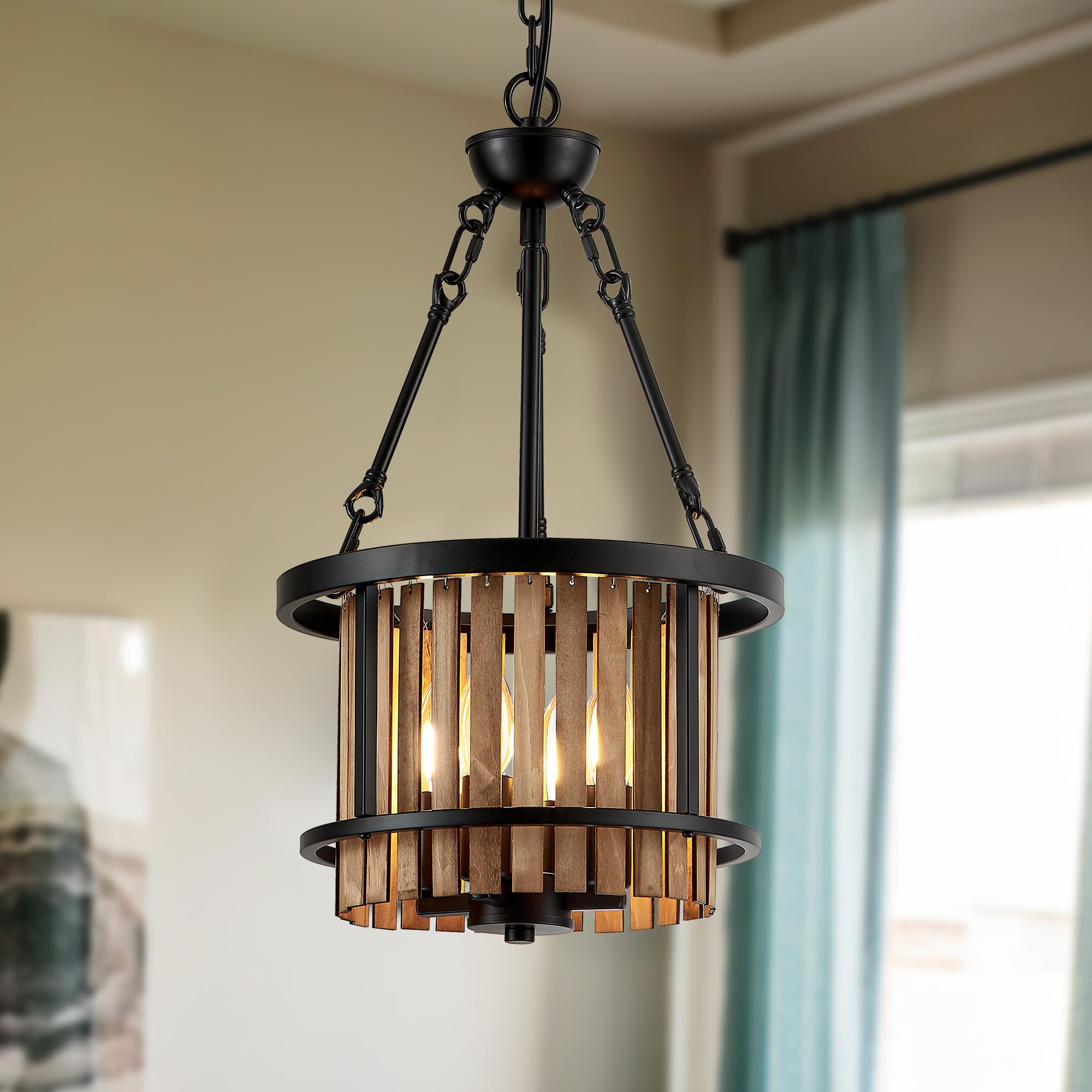 Aol furin 4-Light Drum Chandelier for Dining Room，11.8" Rustic Farmhouse Dining Room Light Fixture，Wood Grain and Vintage Black Metal Chandeliers for Kitchen Entryway Living Room