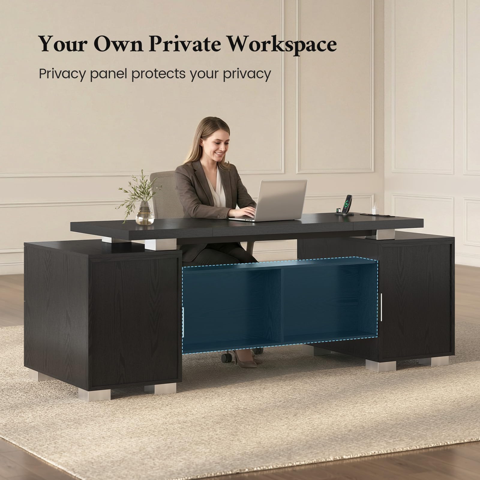 80.6" Executive Desk with Power Outlet & Storage