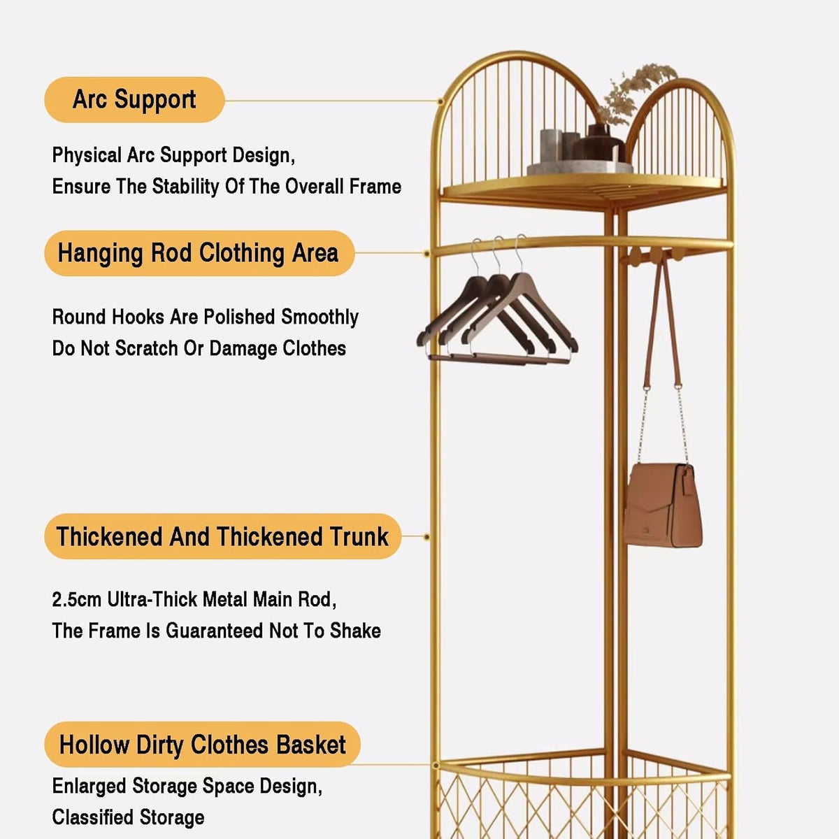 HKaikzo Corner Coat Rack, Gold Clothes Rack with 6 Metal Movable Hooks and Storage Basket Hall Tree Design Clothing Rack for Bedroom Entryway Hallway