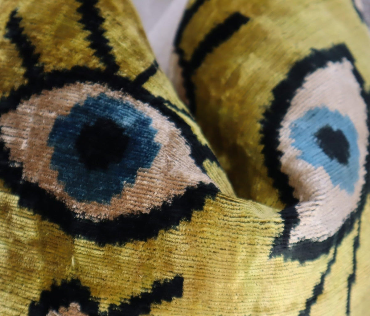 CANVELLO Handmade Velvet Ikat Evil Eye Throw Pillow – 16x16 Inch Luxury Decorative Cushion with Down Insert – Bohemian Home Décor Accent for Sofa & Bed (Gold & Blue)