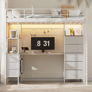 Twin Loft Bed with Desk & LED Lights