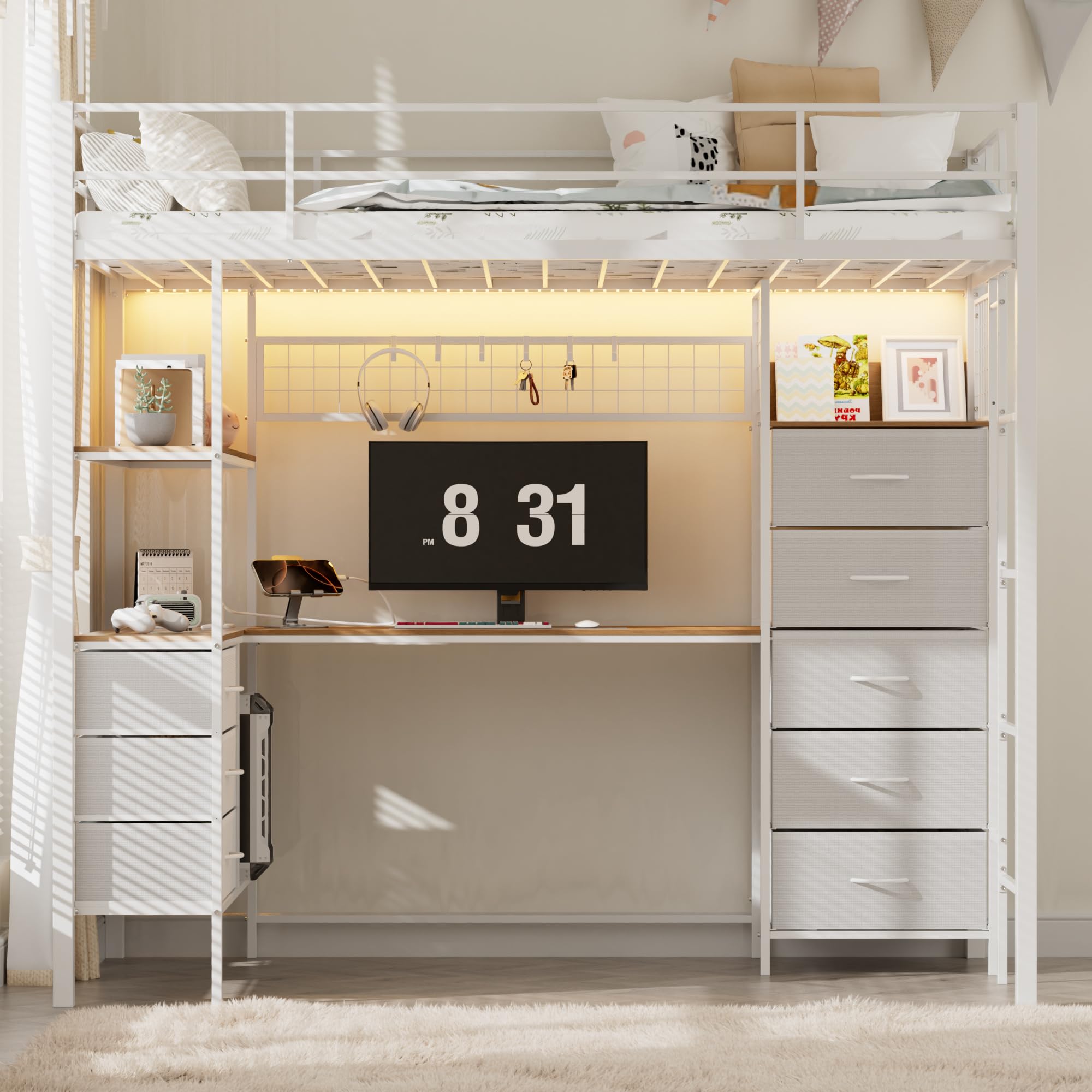 Twin Loft Bed with Desk & LED Lights